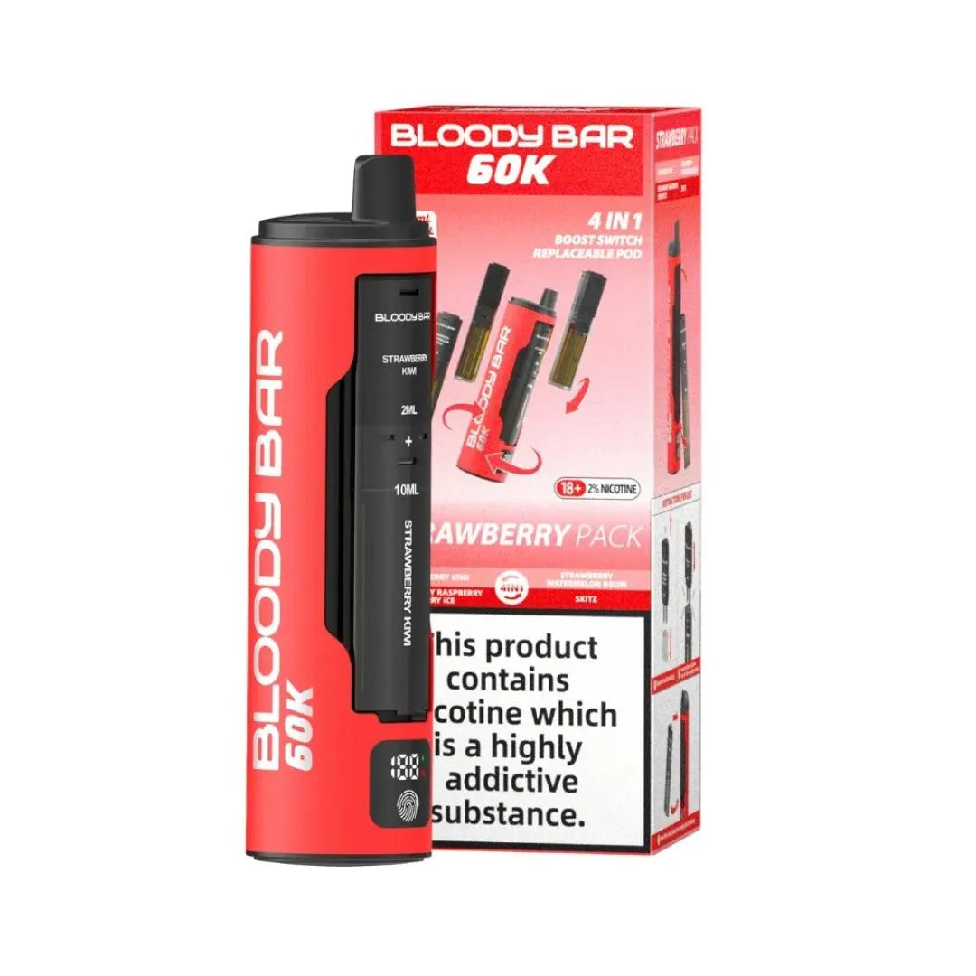 Bloody Bar 60K Prefilled Pod Kit with 48ml refillable capacity and berry pack flavours